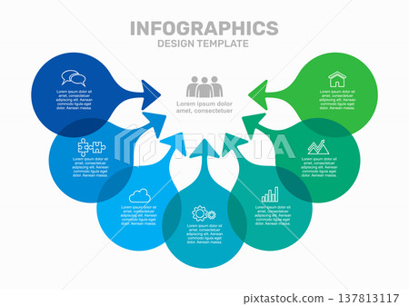Colorful circular infographic with upward arrows, icons, and text sections for business or data presentation. Vector illustration. Colorful circular infographic with upward arrows, icons, and text sections for business or data presentation. Vector illustration. 137813117