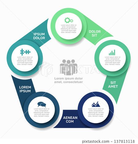 Infographic with circular nodes, color-coded sections, icons, and placeholder text. Vector illustration. Infographic with circular nodes, color-coded sections, icons, and placeholder text. Vector illustration. 137813118