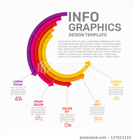 Circular infographic template with arc segments, arrows, and labeled sections for business data visual. Vector illustration. Circular infographic template with arc segments, arrows, and labeled sections for business data visual. Vector illustration. 137813119