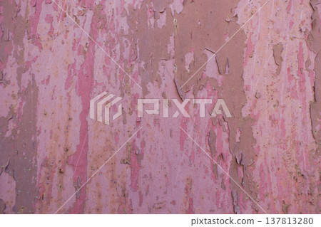A horizontal close-up shot of an aged metal surface with layers of faded pink and purple paint peeling off to reveal rust and grey metal underneath. A horizontal close-up shot of an aged metal surface with layers of faded pink and purple paint peeling off to reveal rust and grey metal underneath. 137813280