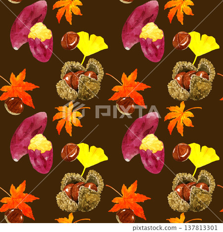 Seamless pattern of roasted sweet potatoes and chestnuts - hand-drawn watercolor illustration background material Seamless pattern of roasted sweet potatoes and chestnuts - hand-drawn watercolor illustration background material 137813301