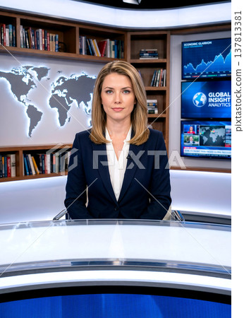 Confident woman news presenter reporting from a professional broadcasting studio featuring global market charts and world map background for media and news concepts. 137813381