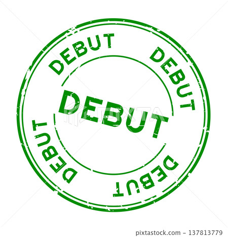 Grunge green debut word round rubber seal stamp on white background 137813779