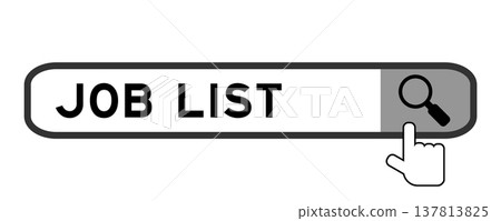 Search banner in word job list with hand over magnifier icon on white background Search banner in word job list with hand over magnifier icon on white background 137813825