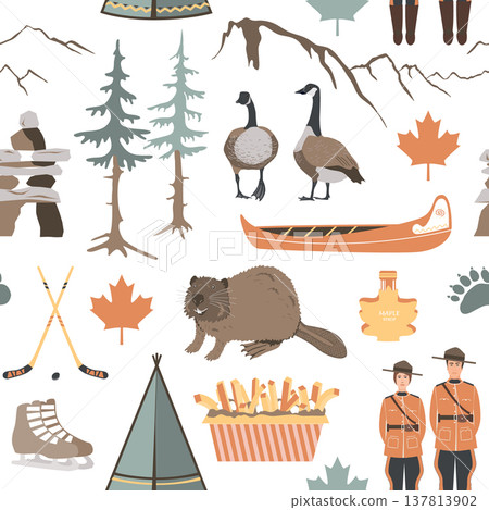 Seamless pattern with Canadian symbols. Beaver, goose, canoe, teepee, hockey, royal police, maple leaves and mountains. Happy National Day of Canada. Vector background. Seamless pattern with Canadian symbols. Beaver, goose, canoe, teepee, hockey, royal police, maple leaves and mountains. Happy National Day of Canada. Vector background. 137813902
