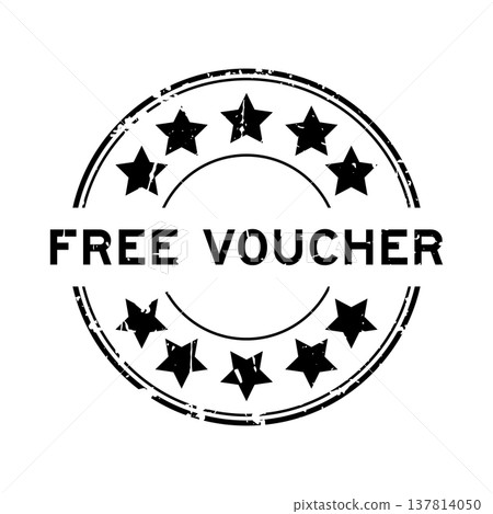 Grunge black free voucher word with star icon round rubber seal stamp on white background 137814050