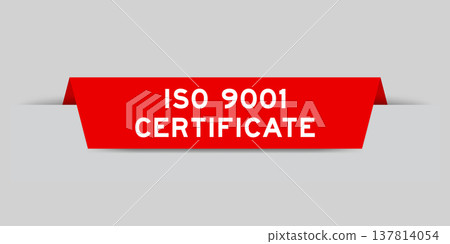 Red color inserted label with word ISO 9001 certificate on gray background 137814054