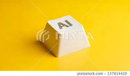 artificial intelligence concept white computer keyboard key with metallic AI letters isolated on vibrant yellow background isometric view modern digital technology machine learning automation 137814420