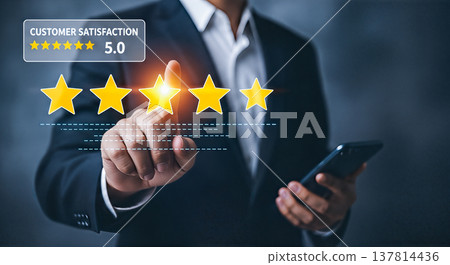 businessman pointing glowing yellow five stars rating virtual screen customer satisfaction excellent service feedback quality review business digital technology successful evaluation concept businessman pointing glowing yellow five stars rating virtual screen customer satisfaction excellent service feedback quality review business digital technology successful evaluation concept 137814436