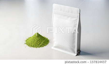 blank white pouch bag mockup beside pile green matcha tea powder healthy organic superfood product packaging template realistic 3d rendering copy space 137814437