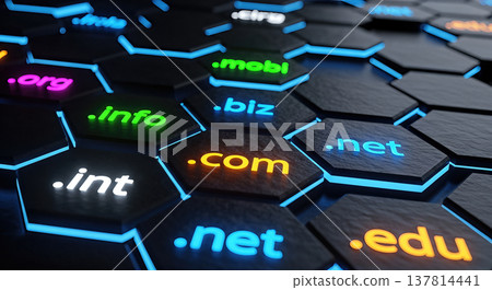 glowing domain name extensions com net org info biz hexagon tiles black background internet communication web hosting website network digital technology concept 137814441