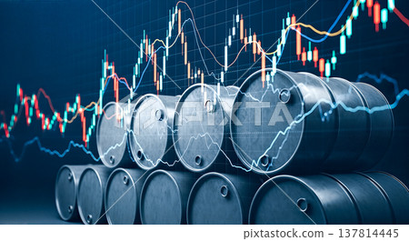 stacked metal oil barrels financial stock market charts graph price fluctuation energy industry global economy fossil fuel trading crisis investment commerce business modern concept stacked metal oil barrels financial stock market charts graph price fluctuation energy industry global economy fossil fuel trading crisis investment commerce business modern concept 137814445