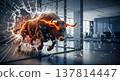 Furious bull with glowing eyes breaking through glass wall in modern office stock market crash financial power aggressive trend 137814447