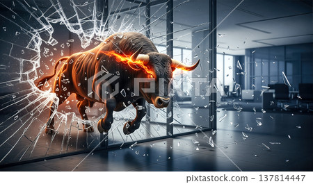 Furious bull with glowing eyes breaking through glass wall in modern office stock market crash financial power aggressive trend Furious bull with glowing eyes breaking through glass wall in modern office stock market crash financial power aggressive trend 137814447