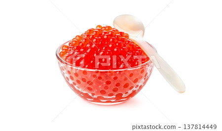 Fresh salmon roe in glass bowl with pearl spoon isolated on white background showing expensive gourmet seafood appetizer and luxury dining concept for restaurant Fresh salmon roe in glass bowl with pearl spoon isolated on white background showing expensive gourmet seafood appetizer and luxury dining concept for restaurant 137814449