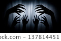 Spooky silhouette of monster claws and human hands pressing against fabric screen creating scary horror atmosphere for halloween holiday celebration or nightmare concept 137814451