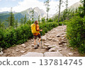 Young woman traveler hiking poles on trail among the mountains. Hiking. Active lifestyle. 137814745