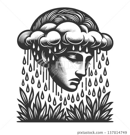 Surreal Portrait With Cloud Rain Hair vector Surreal Portrait With Cloud Rain Hair vector 137814749