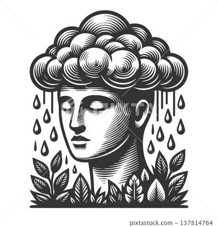 Surreal Portrait With Cloud Rain Hair vector 137814764