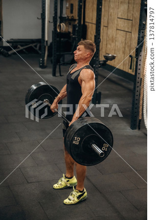 Professional occupation. Athletic man performing weightlifting exercises with a barbell in a gym Professional occupation. Athletic man performing weightlifting exercises with a barbell in a gym 137814797