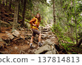 Young woman with backpack traveling outdoors. Hiking, active lifestyle. 137814813