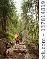 Young woman with backpack traveling outdoors. Hiking, active lifestyle. 137814819