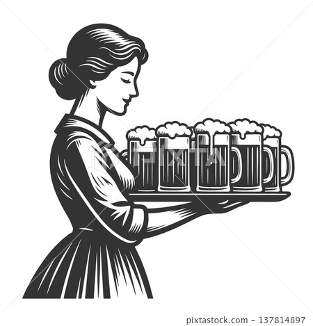 Waitress Serving Beer Mugs vector illustration Waitress Serving Beer Mugs vector illustration 137814897