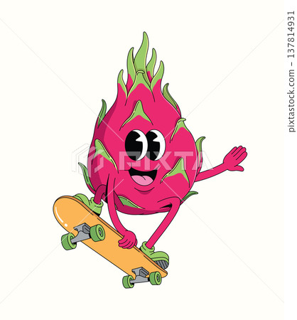 dragon fruit skateboard style groovy cartoon illustration dragon fruit skateboard style groovy cartoon illustration 137814931
