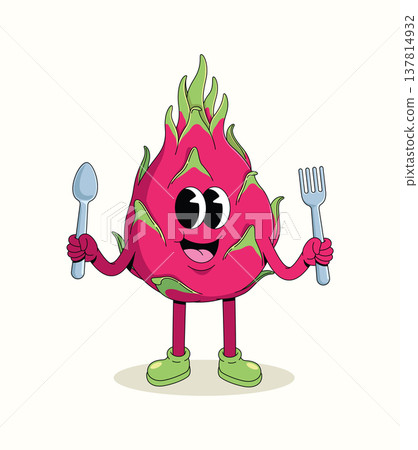 dragon fruit spoon and fork style groovy cartoon illustration 137814932