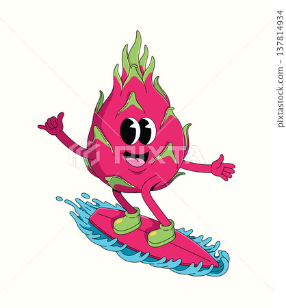 dragon fruit surf groovy cartoon illustration 137814934