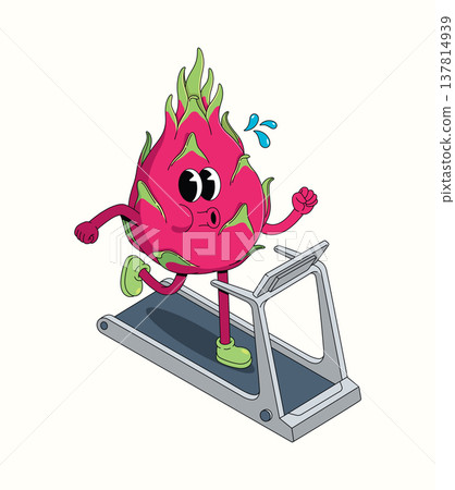 dragon fruit treadmill groovy cartoon illustration dragon fruit treadmill groovy cartoon illustration 137814939