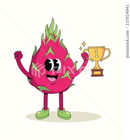 dragon fruit trophy groovy cartoon illustration 137814941