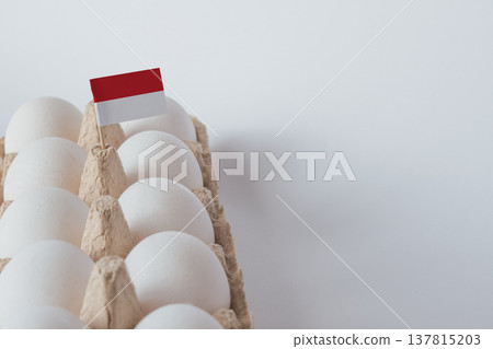 Indonesian grocery shopping: Fresh white eggs and Indonesia flag in mini trolley, South East Asian food quality concept, domestic agriculture and poultry trade Indonesian grocery shopping: Fresh white eggs and Indonesia flag in mini trolley, South East Asian food quality concept, domestic agriculture and poultry trade 137815203