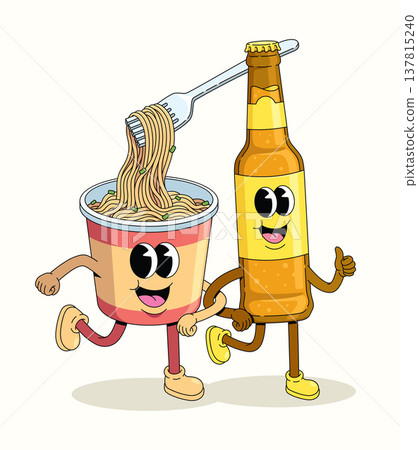 instant noodles cup and bottled beer groovy cartoon illustration instant noodles cup and bottled beer groovy cartoon illustration 137815240