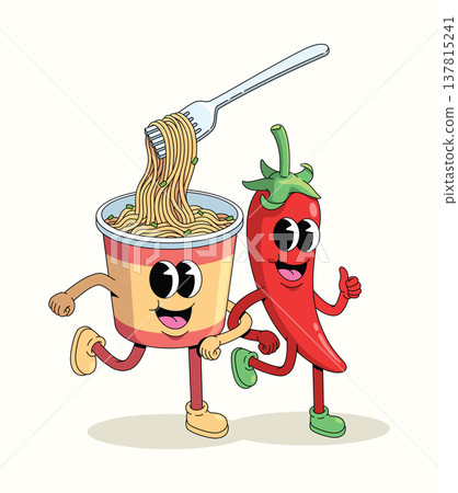 instant noodles cup and chili groovy cartoon illustration 137815241