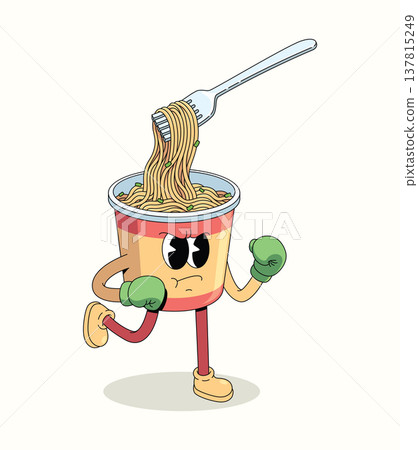 instant noodles cup boxer groovy cartoon illustration 137815249