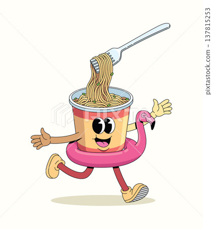 instant noodles cup flamingo float groovy cartoon illustration 137815253