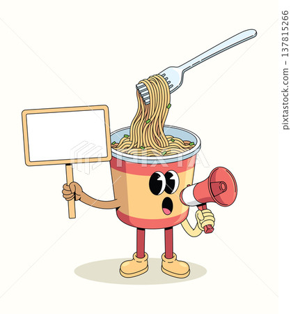 instant noodles cup megaphone groovy cartoon illustration 137815266