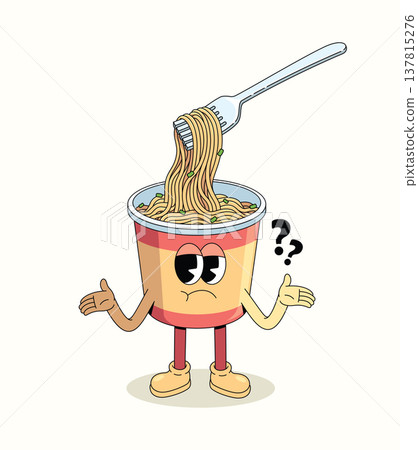 instant noodles cup shrugging groovy cartoon illustration instant noodles cup shrugging groovy cartoon illustration 137815276