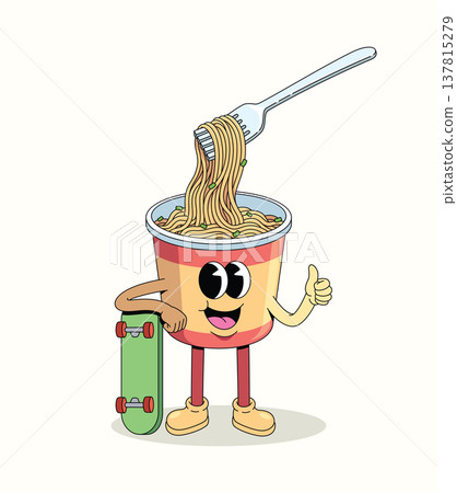 instant noodles cup skateboard thumbs up groovy cartoon illustration 137815279