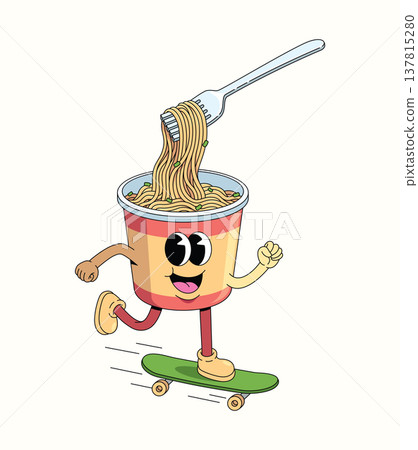instant noodles cup skateboard walk groovy cartoon illustration 137815280
