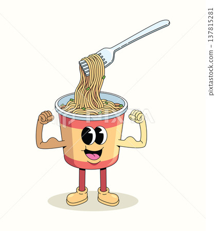instant noodles cup strong groovy cartoon illustration 137815281