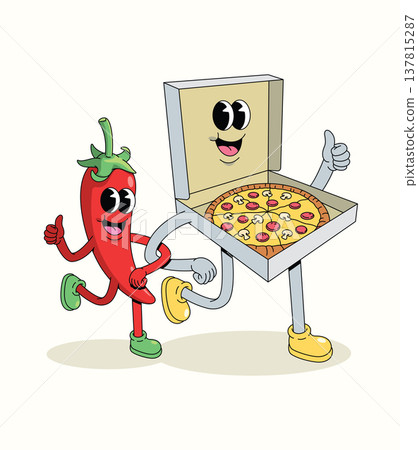 pizza and red chili groovy cartoon illustration 137815287