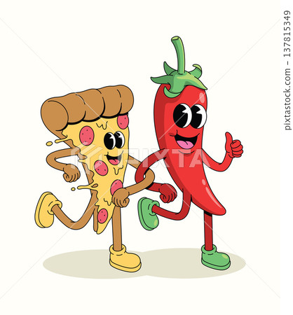 red chili and pizza groovy cartoon illustration red chili and pizza groovy cartoon illustration 137815349