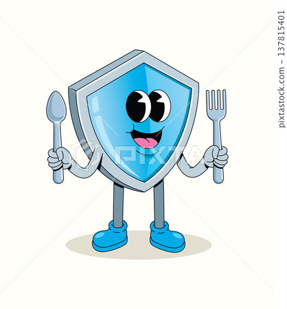 shield spoon and fork groovy cartoon illustration 137815401
