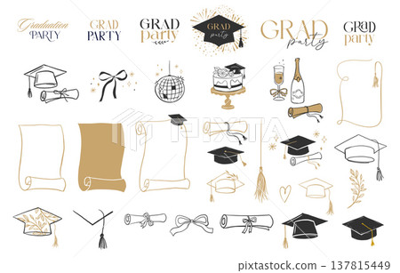 Hand drawn black and gold graduation doodles and line art elements for grad party and prom designs. 137815449