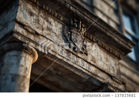 an antique building with columns. The engraved words TRUST on the architrave. 137815681