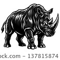 A black and white illustration of a rhinoceros on a dark background 137815874