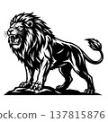 A fierce lion standing on a rock with its mouth open 137815876