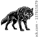 A fierce wolf with its mouth open standing on a dark background 137815879
